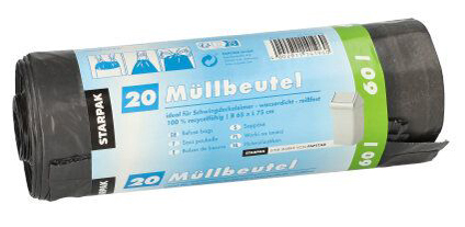 STARPAK Mülleimerbeutel LDPE, mit Zugband, 60 Liter, grau