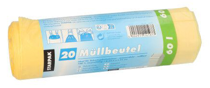 STARPAK Mülleimerbeutel HDPE, mit Zugband, 60 Liter, gelb