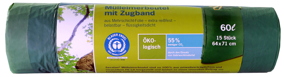 Secolan Mülleimerbeutel, mit Zugband, grün, 60 Liter, 30 my