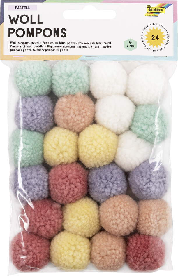 folia Woll-Pompons , Pastell, , 24 Stück, farbig sortiert