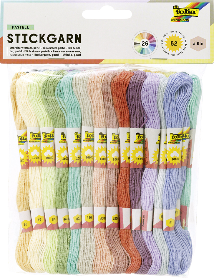 folia Stickgarn , Pastell, , 52 Docken à 8 m, farbig sortiert