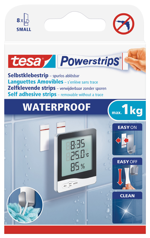 4042448392763 - Powerstrips waterproof strips small - wasserfeste doppelseitige klebestreifen für küche bad bis zu 1 kg haltekraft - 1 x - Tesa