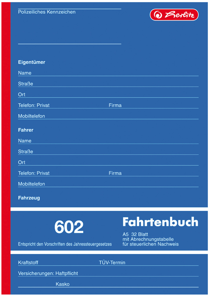 herlitz Formularbuch , Fahrtenbuch 602, , A5, 32 Blatt