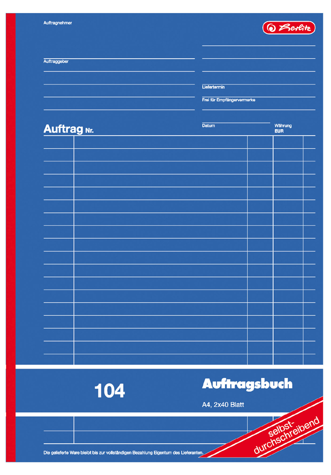 herlitz Formularbuch , Auftrag 104, , DIN A4, 2 x 40 Blatt