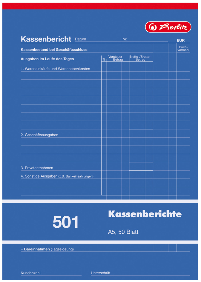 4008110882512 - Formularbuch Kassenbericht 501 DIN A5 50 Blatt