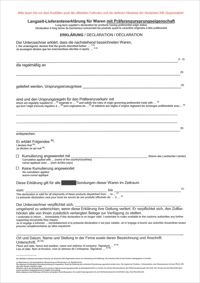 4002871227605 - 100 x Langzeit-Lieferantenerklärung Form II mit Präferenzursprung