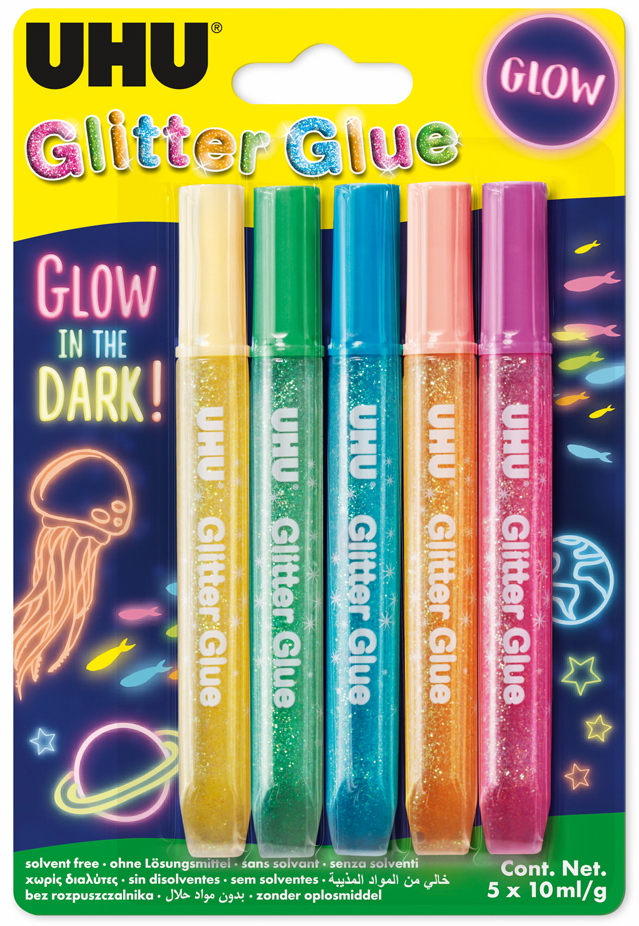 UHU Glitzerkleber Glitter Glue , GLOW IN THE DARK, , 5 x 10 ml
