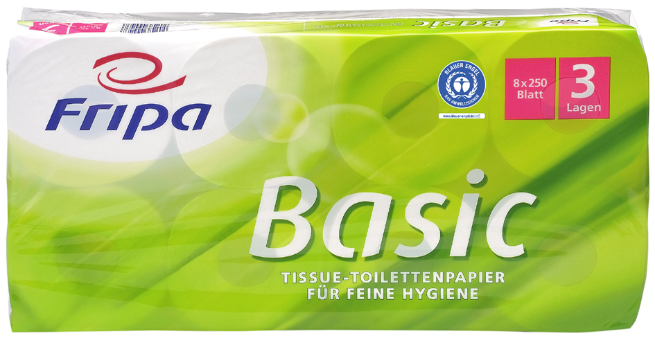 4000883000438 - Toilettenpapier Basic 3-lagig recycelt Weißes Klopapier aus 100% Altpapier 1 Packung = 8 Rollen à 250 Blatt