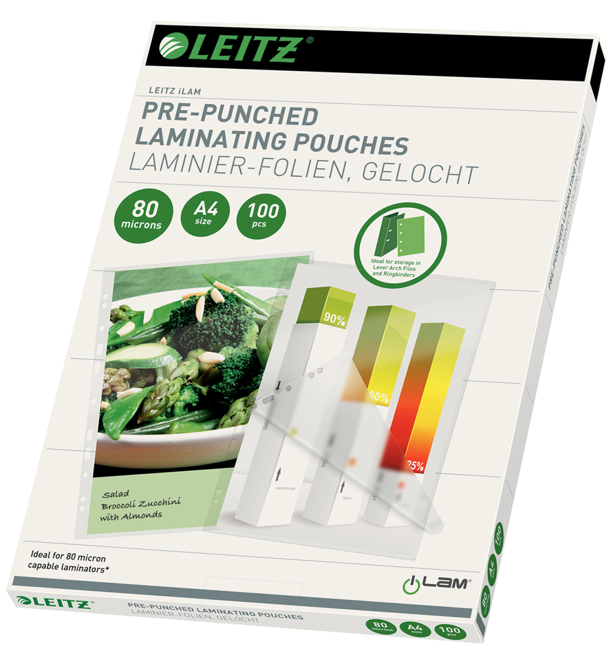 LEITZ Laminierfolientasche, DIN A4, Abheftlochung, 160 mic