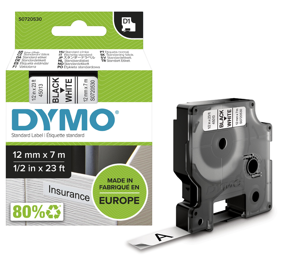 DYMO D1 Schriftbandkassette schwarz/weiß, 12 mm x 7 m