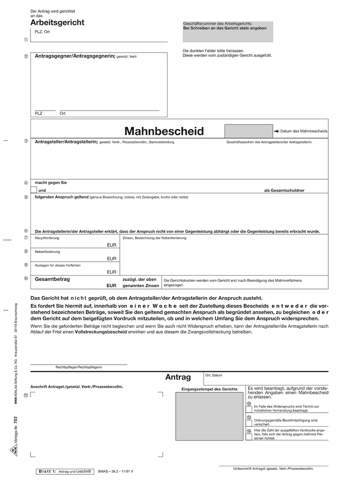 4002871070317 - Vordruck Antrag auf Erlass eines Mahnbescheides