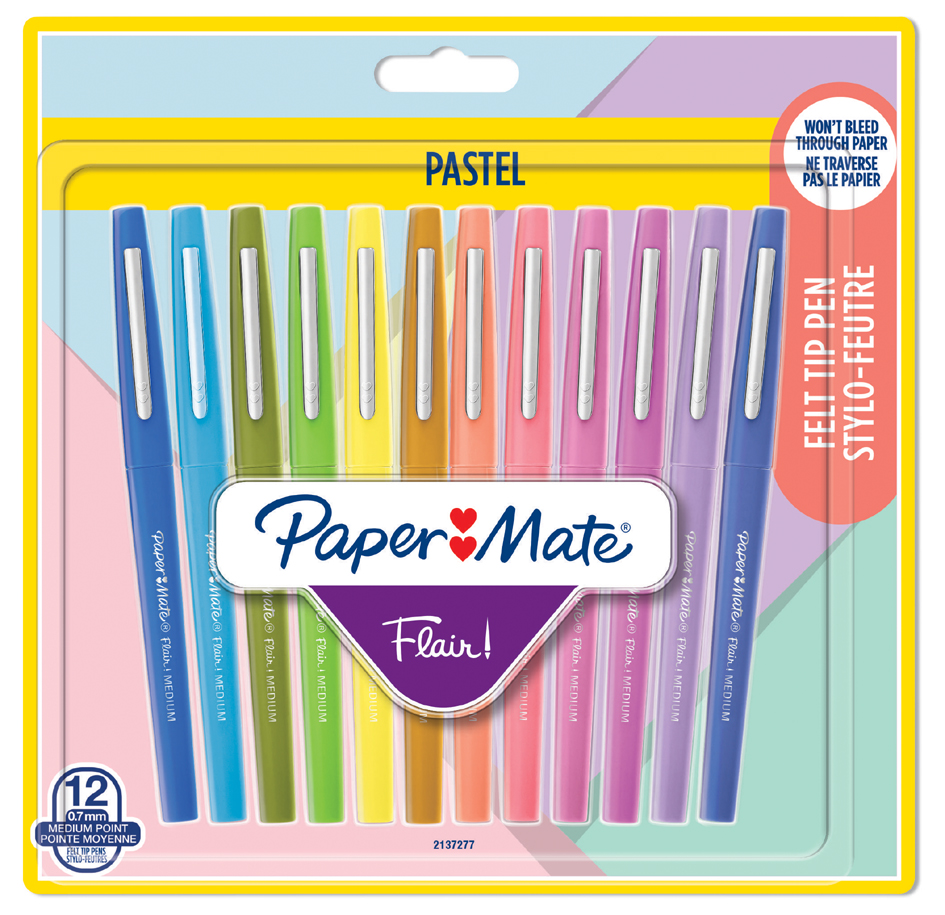 3026981372773 - Paper Mate Flair Filzstifte | mittlere Spitze (07 mm) | gemischte Pastellfarben | 12 Stück