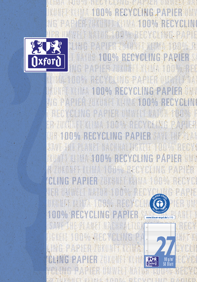 Oxford Schulblock , Recycling, , DIN A4, 50 Blatt, Lineatur 27