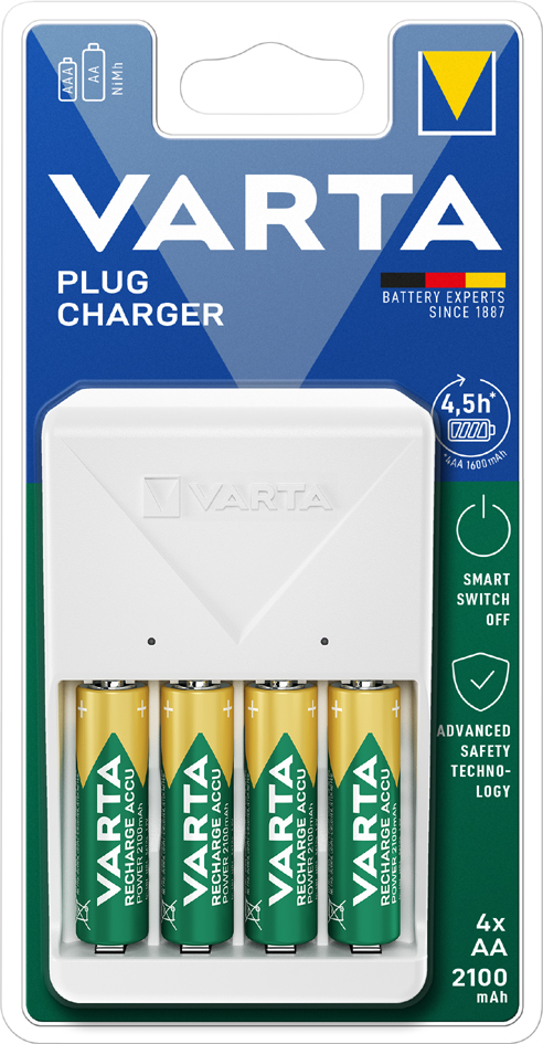 VARTA Ladegerät Plug Charger, weiß, bestückt AA