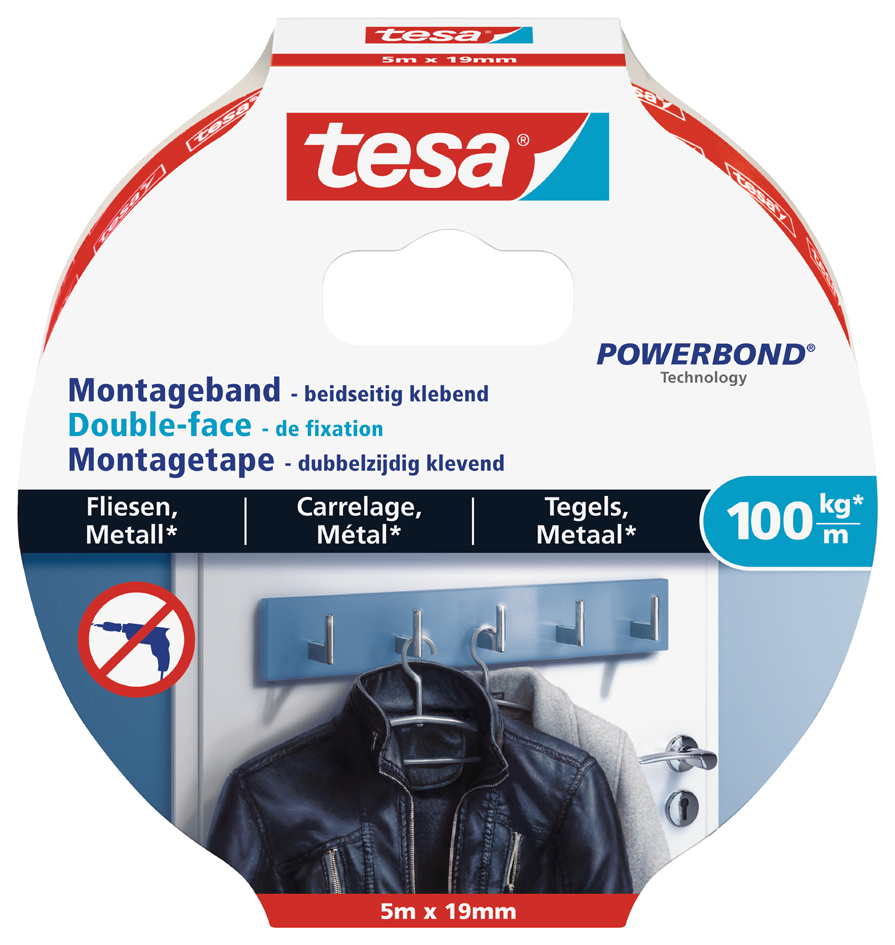 tesa Powerbond Montageband für Fliesen/Metall, 19 mm x 5,0 m