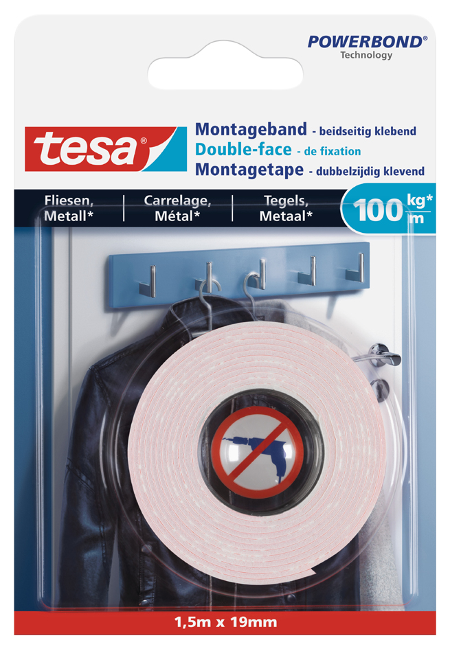 tesa Powerbond Montageband für Fliesen/Metall, 19 mm x 1,5 m