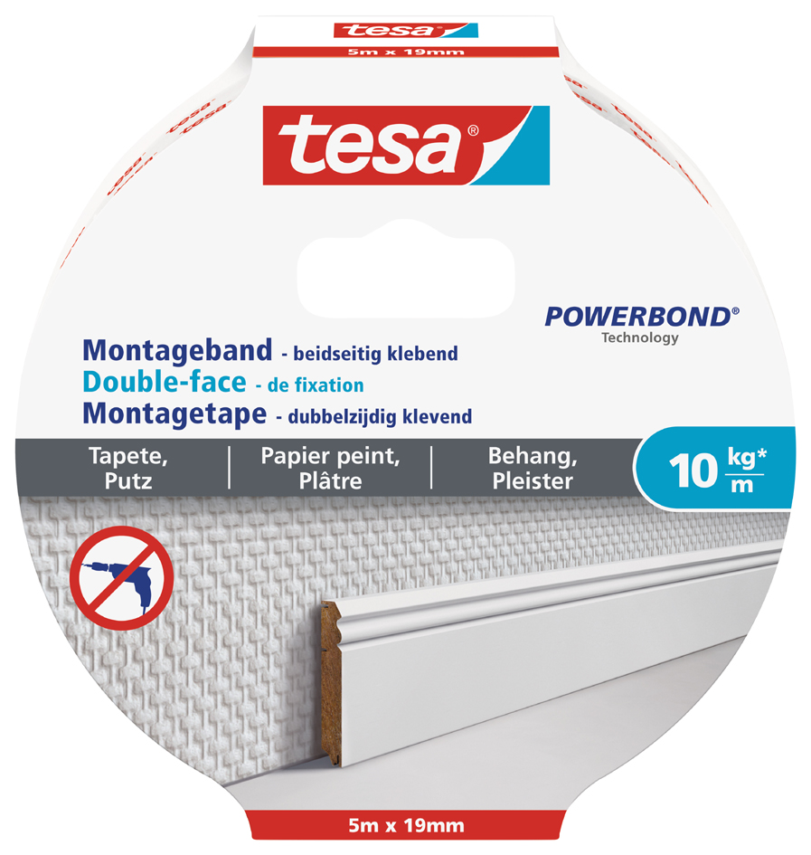 tesa Powerbond Montageband für Tapete/Putz, 19 mm x 5,0 m