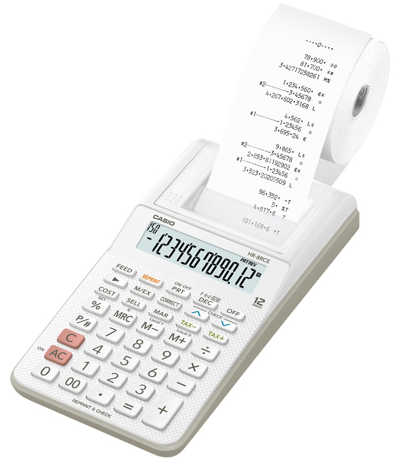CASIO druckender Tischrechner Modell HR-8 RCE-WE, weiß