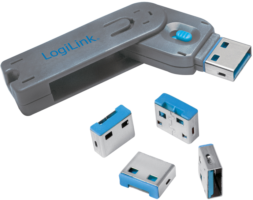 4052792045123 - LogiLink USB Port Schloss USB PORT LOCK 1 KEY + 4 LOCKS 4er Set Silber Blau inkl 1 Schlüssel AU0043