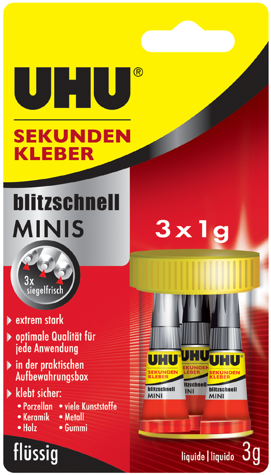 UHU Sekundenkleber blitzschnell MINIS, 3 Tuben à 1 g