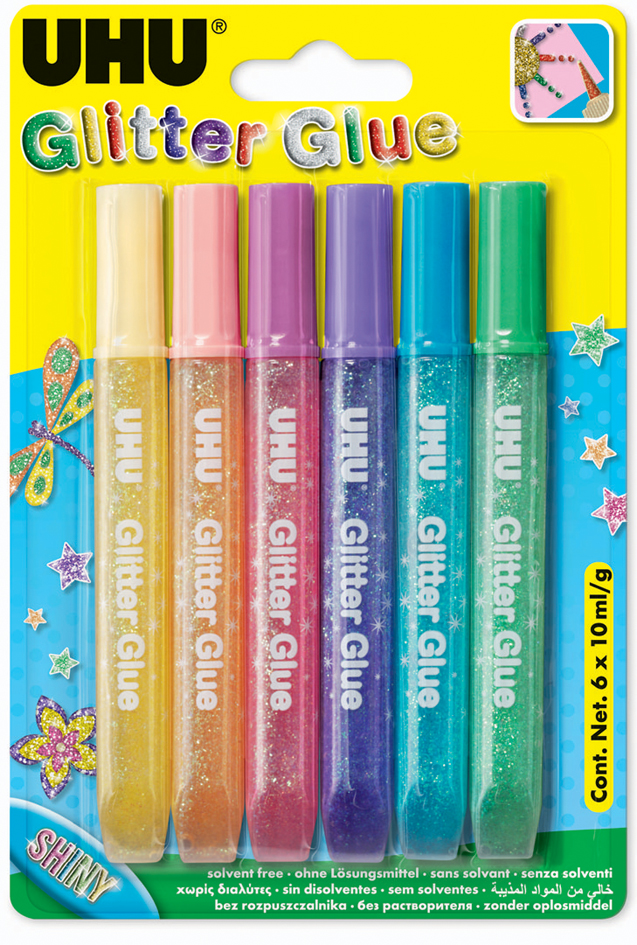 UHU Glitzerkleber Glitter Glue Shiny, Inhalt: 6 x 10 ml