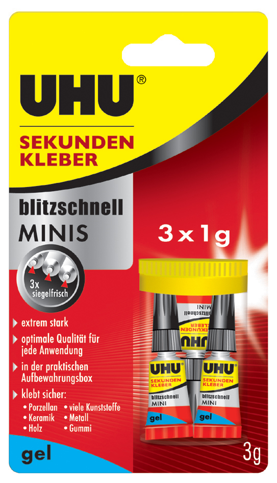 UHU Sekundenkleber blitzschnell MINIS GEL, 3 Tuben à 1 g