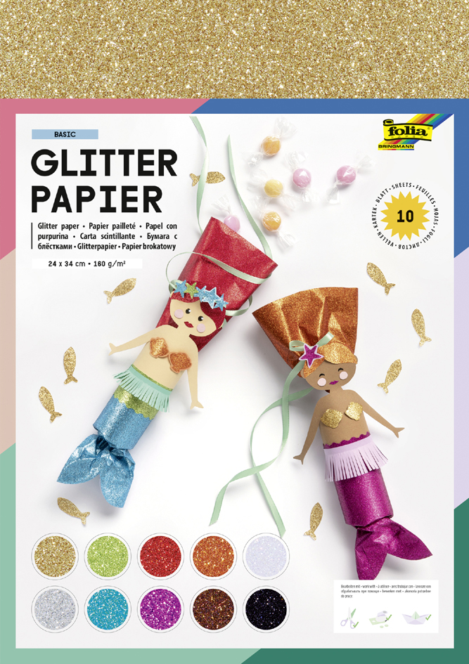 folia Glitterpapier, 170 g/qm, 240 x 340 mm, farbig sortiert